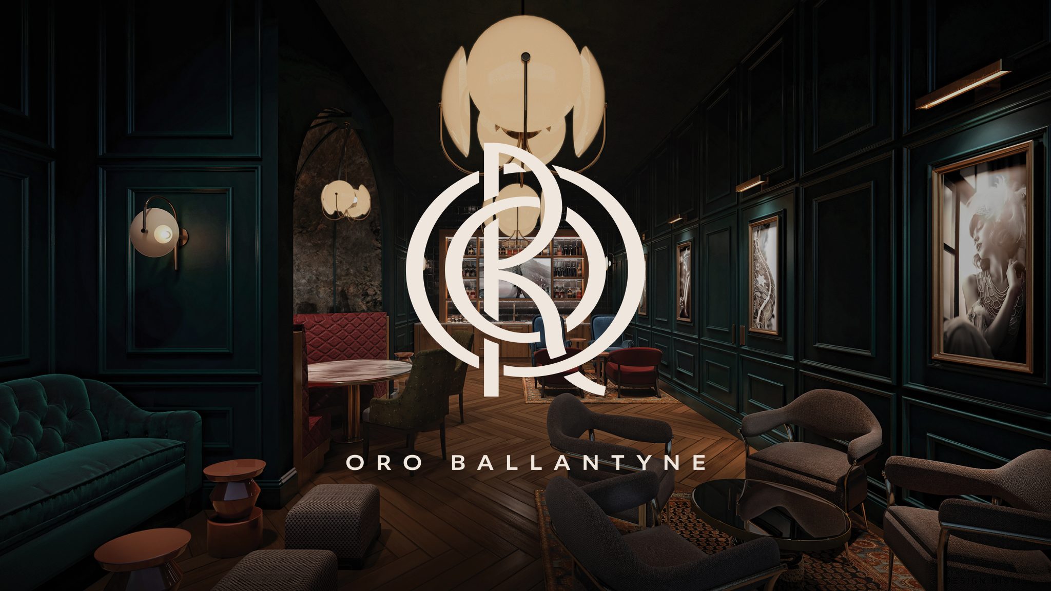 Rendering of a moody speakeasy with the Oro Ballantyne logo overlaid on top